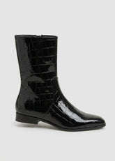 Black Suede Studio Stivaletto Basso Aries con Stampa Coccodrillo Nero Lucido