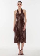 Abito midi in seta marrone con pois bianchi