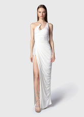 Twenty Four Haitch Abito Lungo con Drappeggio e Spacco Laterale Bianco