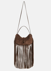 Mini Zaira – Borsa a Spalla Marrone in Camoscio con Frange e Tracolla