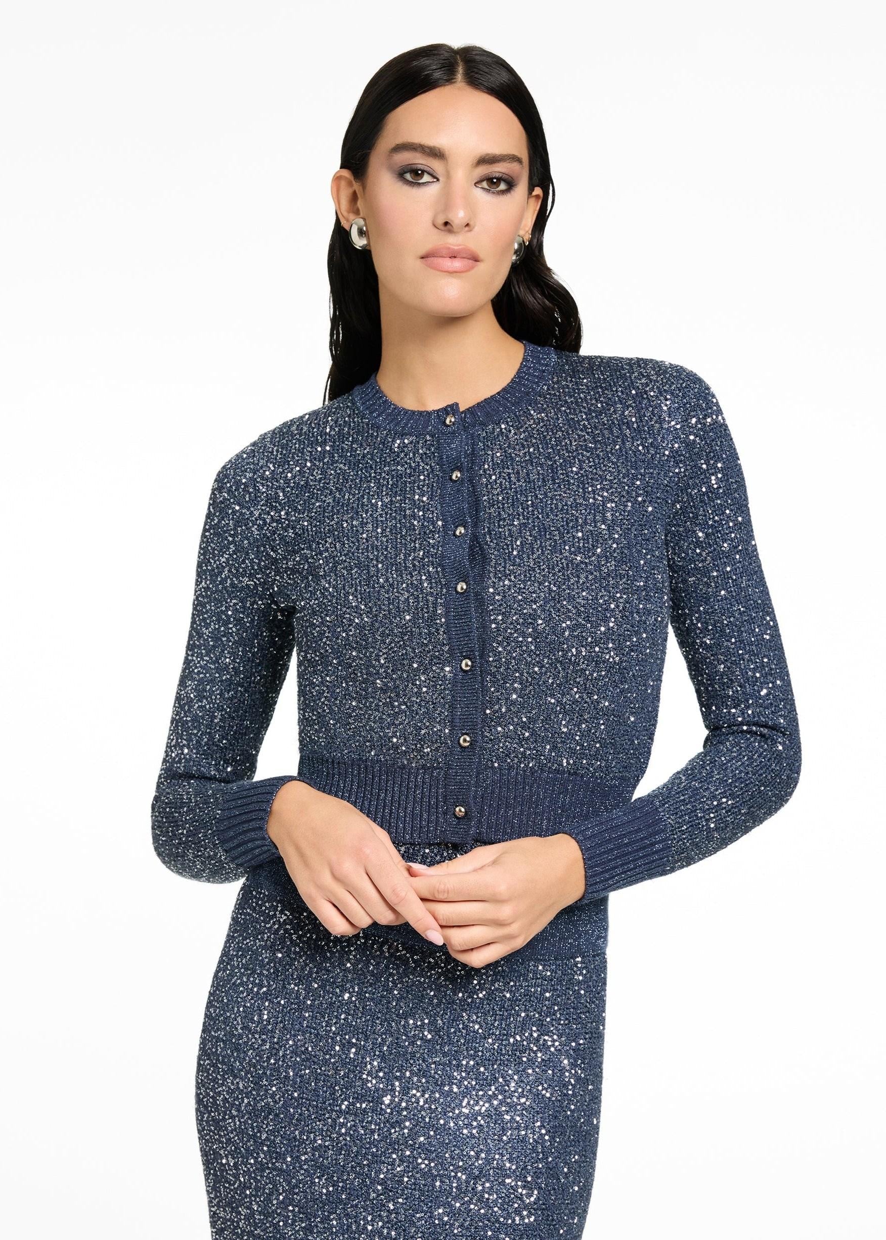 Cardigan blu in maglia bouclé doppia con micro paillettes TR6949N352OUTERSPACE TOCCIN