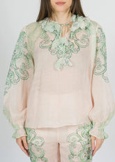 Amosa Camicia in Ramie con Dettagli Verdi Bianco