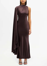 Abito lungo marrone in raso con manica a mantella AD2510219DCOCOA ACLER