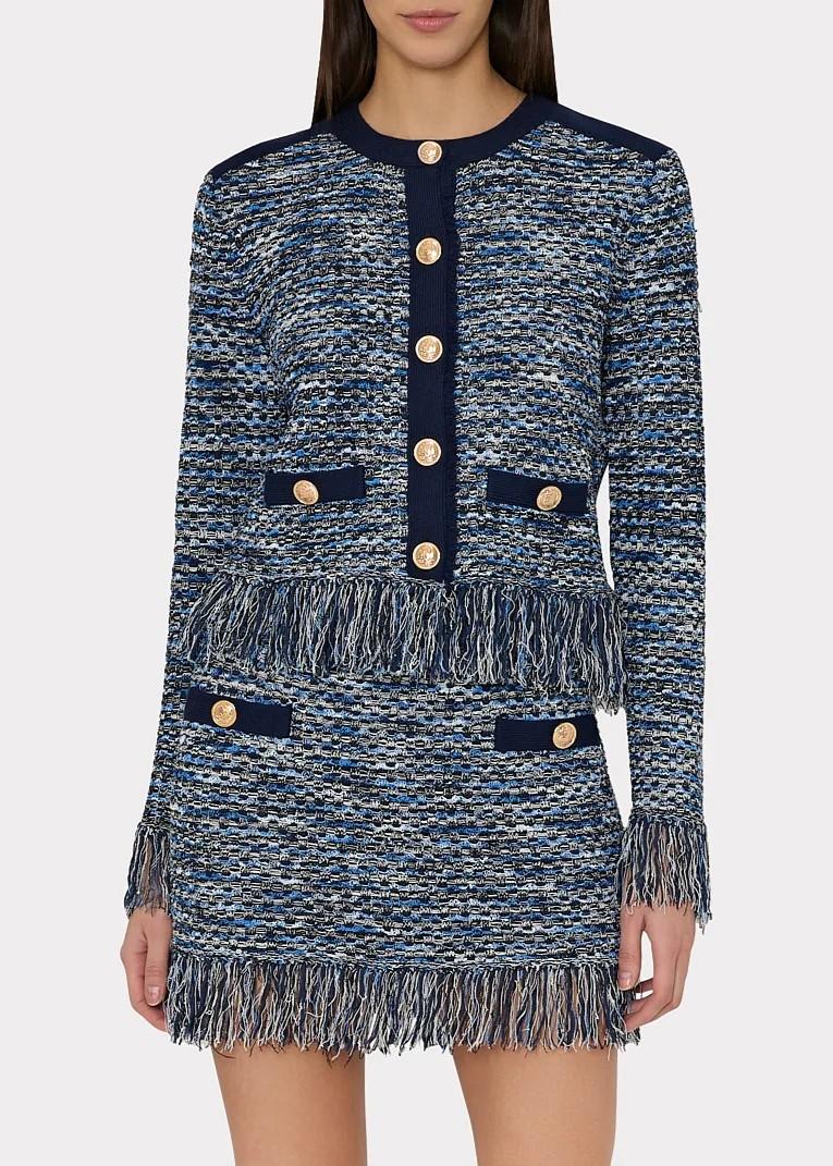 Giacca in maglia in filato multicolore con bottoni e frange KHT492NAVY MILLY NY