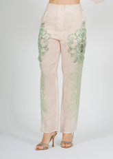 Amosa Pantalone Straight in Ramie con Ricami Verdi Bianco