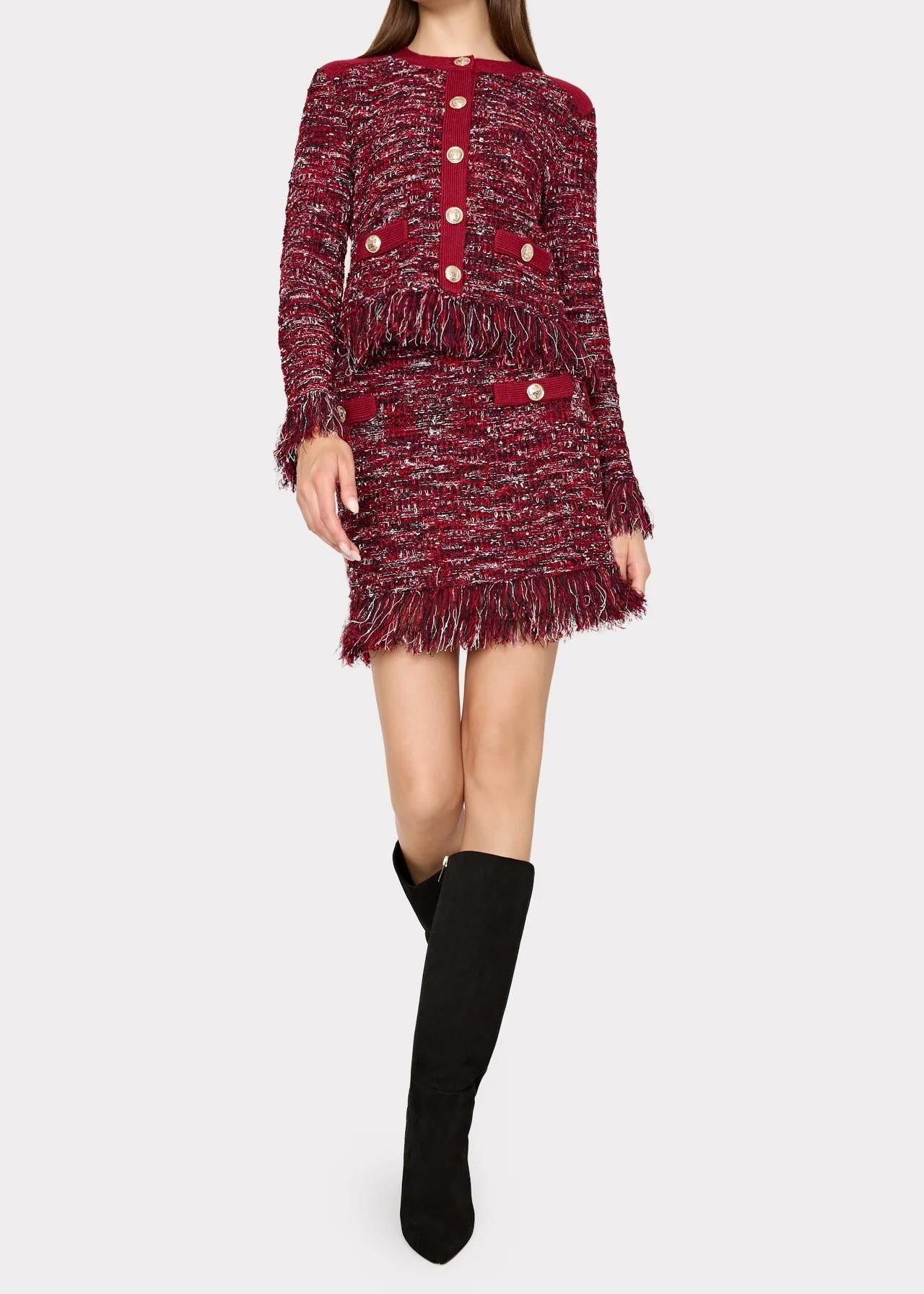 Minigonna in maglia in filato multicolor con bottoni dorati e frange KQS098BURGUNDY MILLY NY