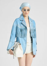 Ermanno Scervino Giacca Monopetto con frange Blu con stampa jeans D487I312REMYS4217 ERMANNO SCERVINO