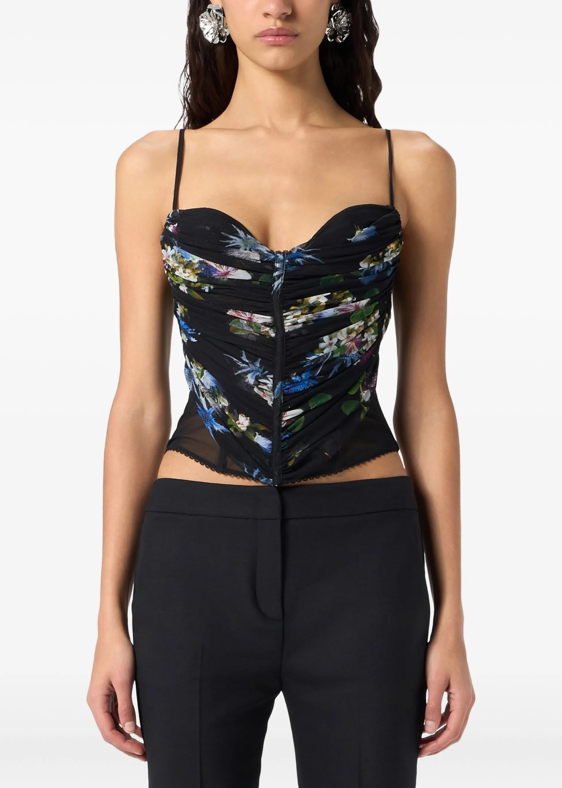 Top nero in tulle con spalline sottili stampa Bouquet 4C215AF9905 BLUMARINE