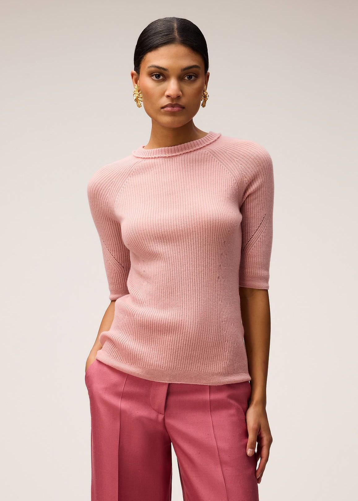 T-shirt in maglia di cashmere leggero a coste con dettaglio uncinetto rosa 03WKNTO157WS05PNR168 RETORI