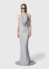 Twenty Four Haitch Abito Lungo a Sirena con Scollo Profondo Posteriore Argento