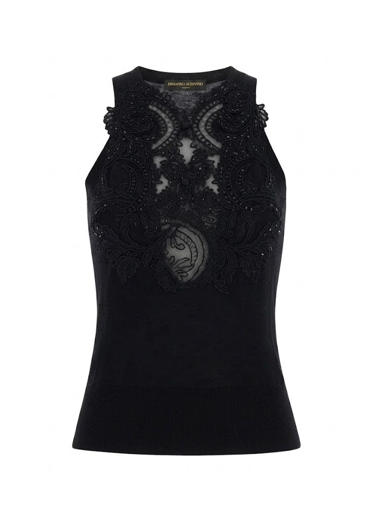 Ermanno Scervino Top Nero Senza Maniche con Decorazione in Rilievo