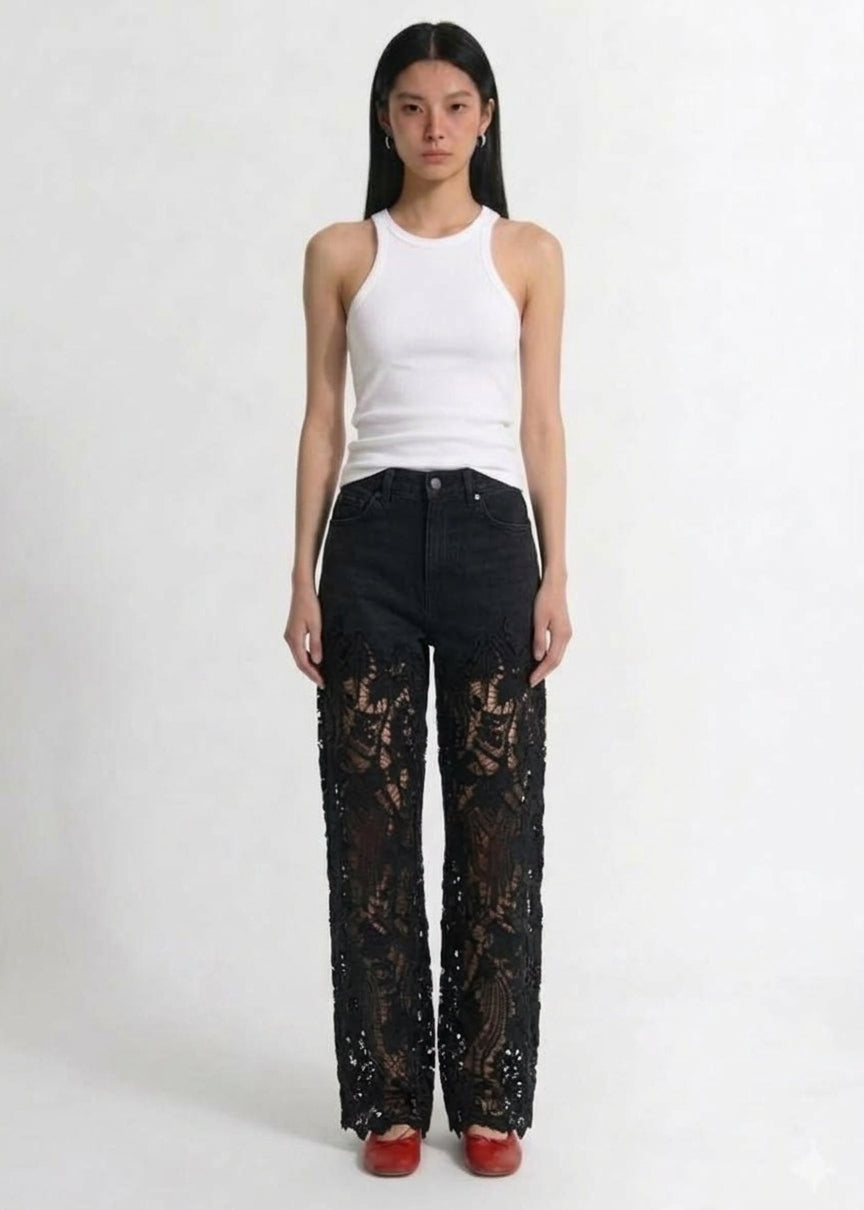 People Jeans con Inserto in Pizzo Floreale Nero