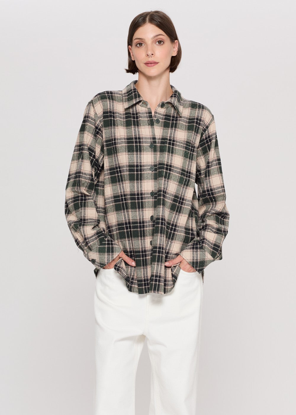 Parosh Camicia Cowboy con Fantasia a Quadri Verde