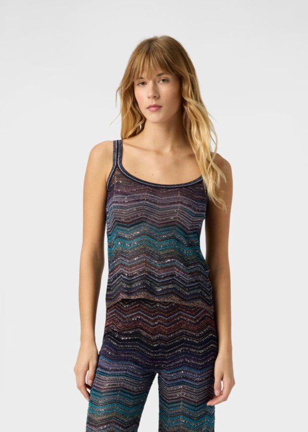 Missoni Top Girocollo Blu in Viscosa Lamè con Paillettes