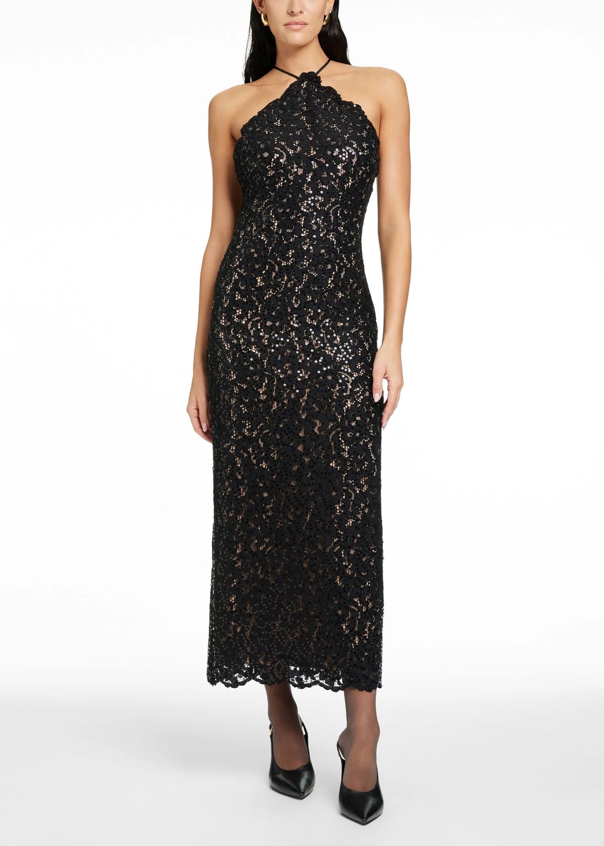 Toccin Abito Midi Kitty Nero in pizzo e paillettes con scollo all'americana