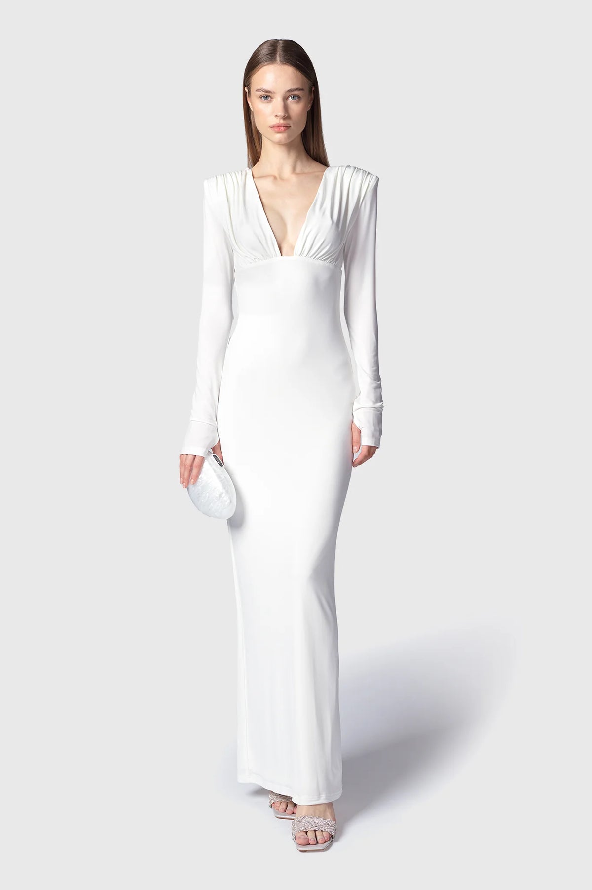 Twenty Four Haitch Abito Lungo Aysen Bianco con Corpetto Drappeggiato Scollo a V