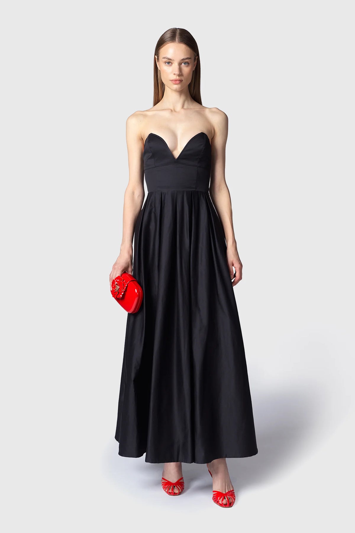 Twenty Four Haitch Abito Midi in Cotone con Scollo a Cuore e Gonna a Ruota Nero