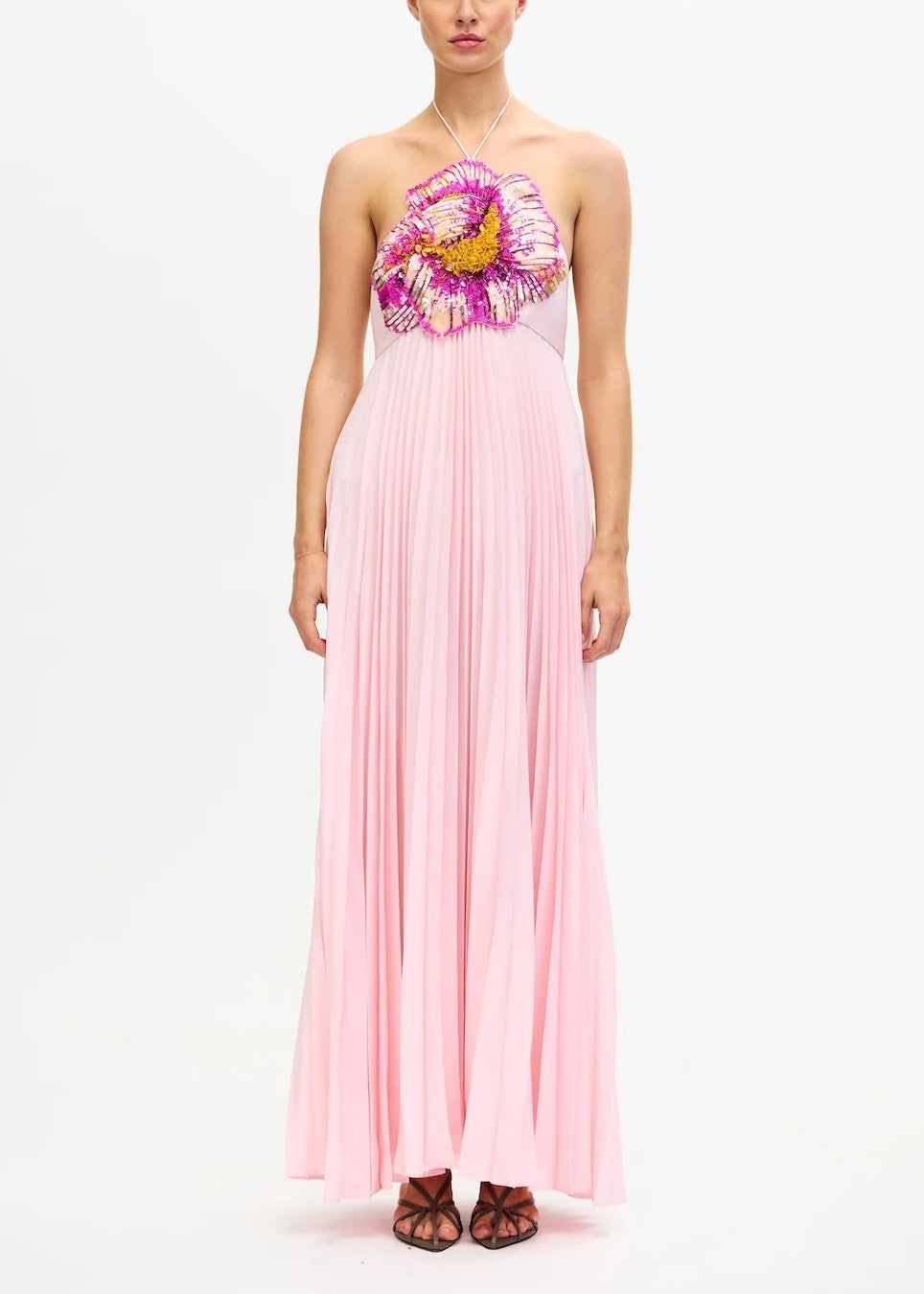 Acler Abito Lungo Brewood Rosa con Scollo all'americana e Dettaglio Floreale di paillettes
