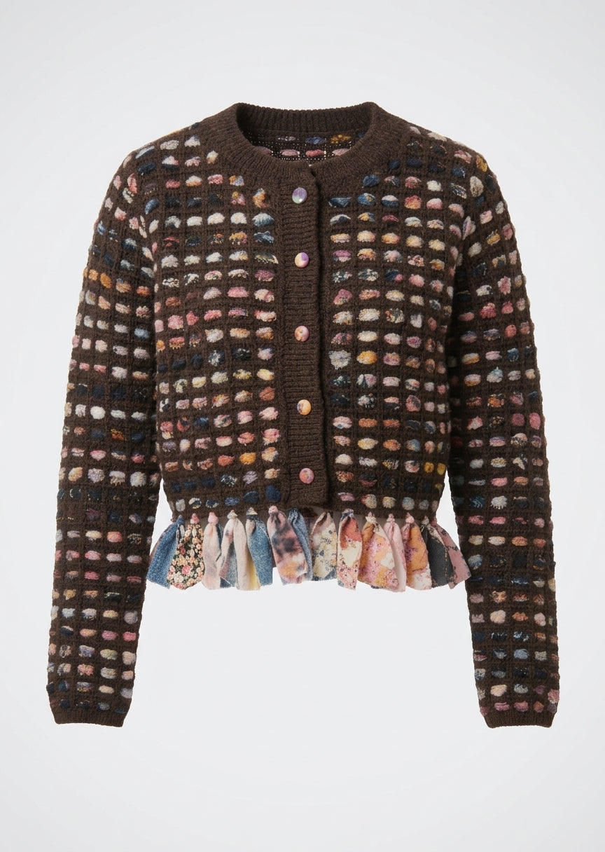 Amosa Cardigan con Bottoni A Rete Marrone e Applicazioni