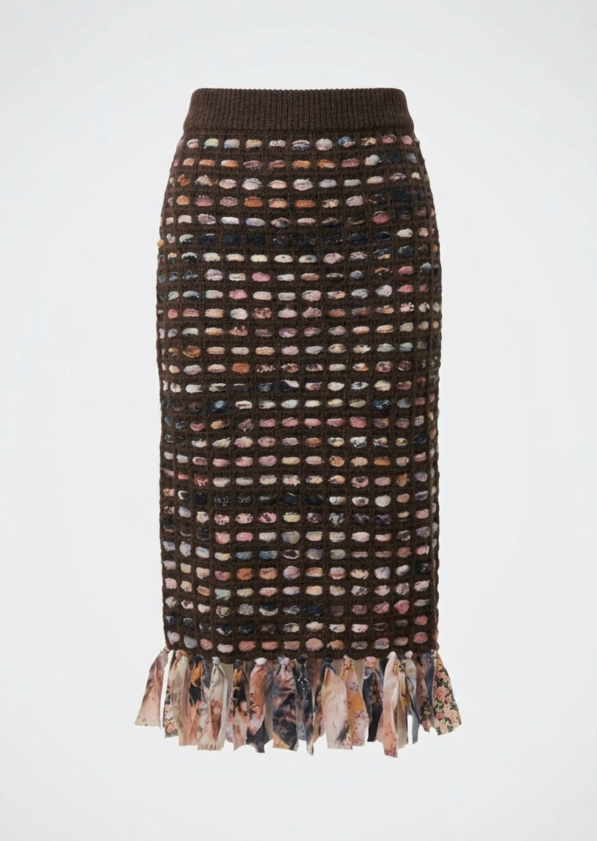 Amosa Gonna Midi in Maglia a Rete Marrone