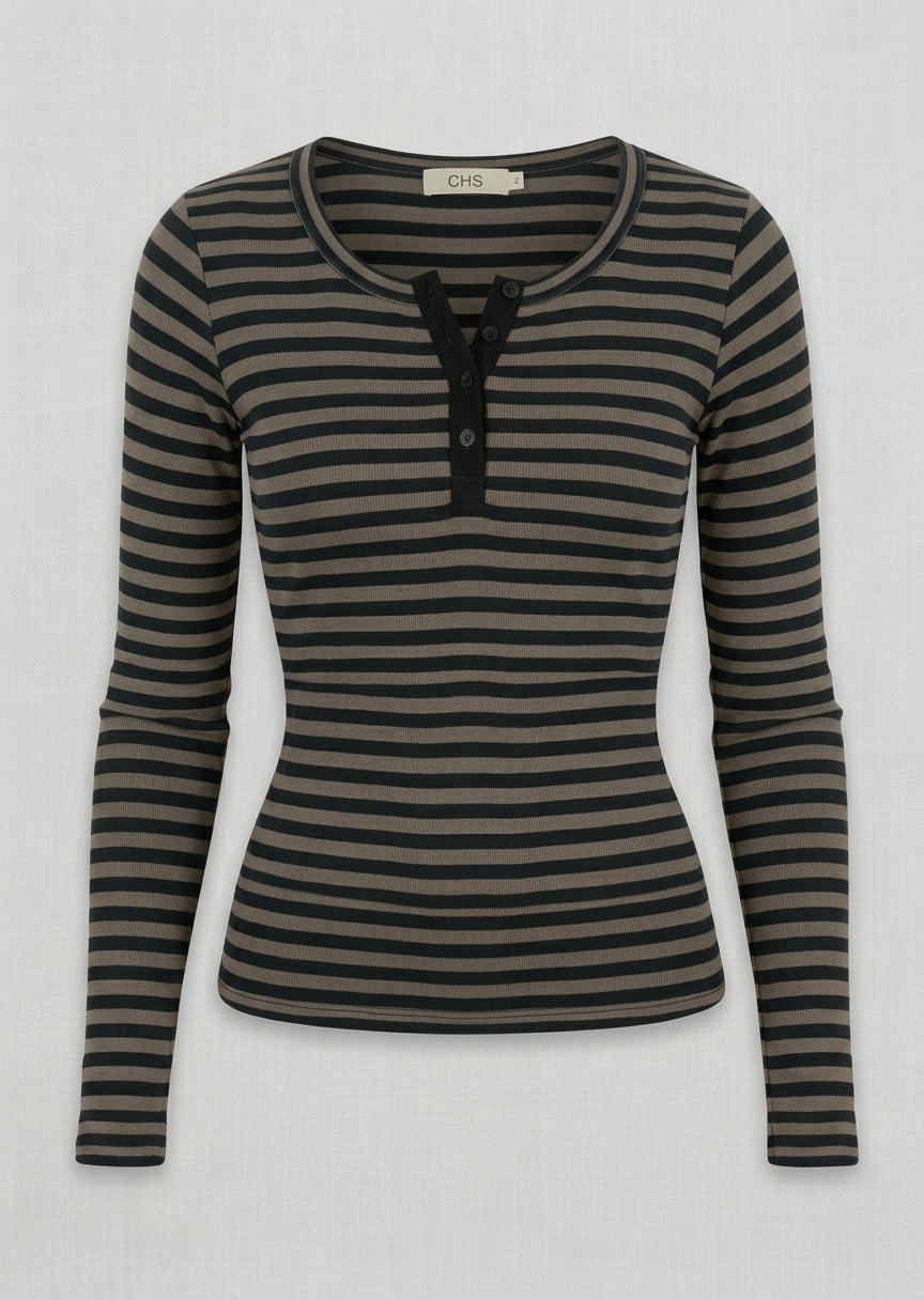 Chs Maglia Asterix con Bottoni a Righe Nere e Beige