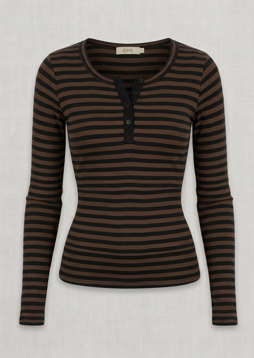 Chs Maglia Asterix con Bottoni a Righe Nere e Marrone