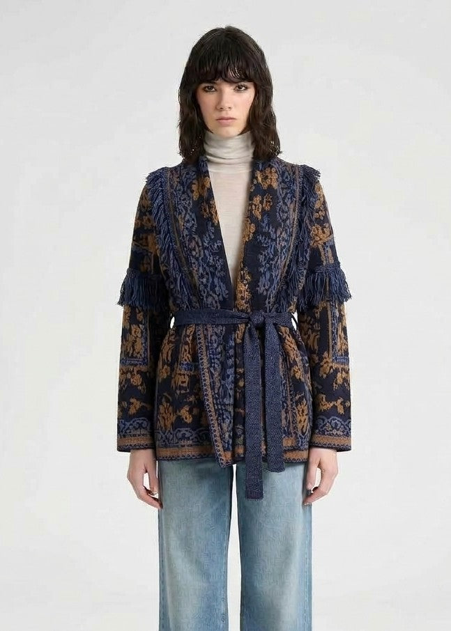 Amosa Cardigan Lungo con Cintura con Decorazioni Floreali Cammello e Blu