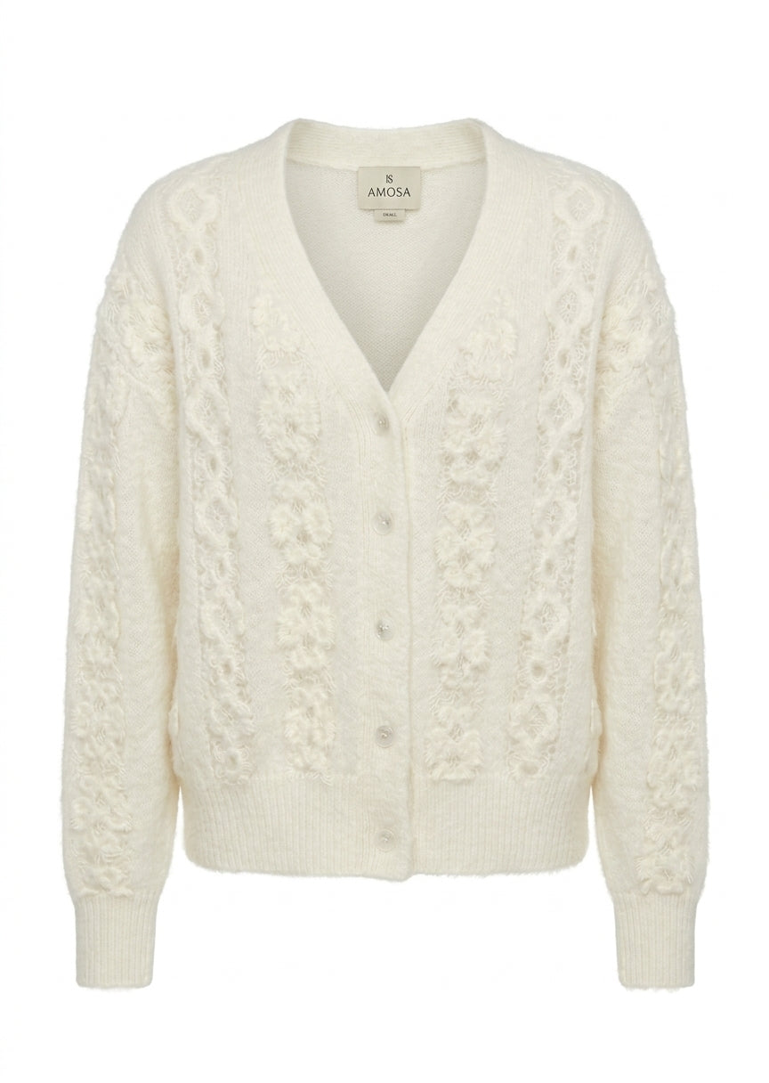 Amosa Cardigan con Inserti in Pizzo Verticali Panna