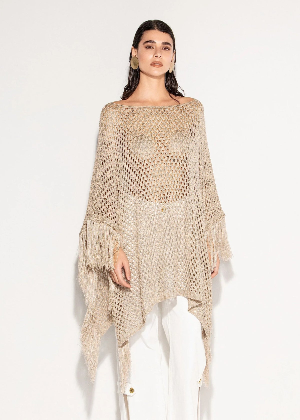 Akep Poncho Sabbia in punto rete con paillettes