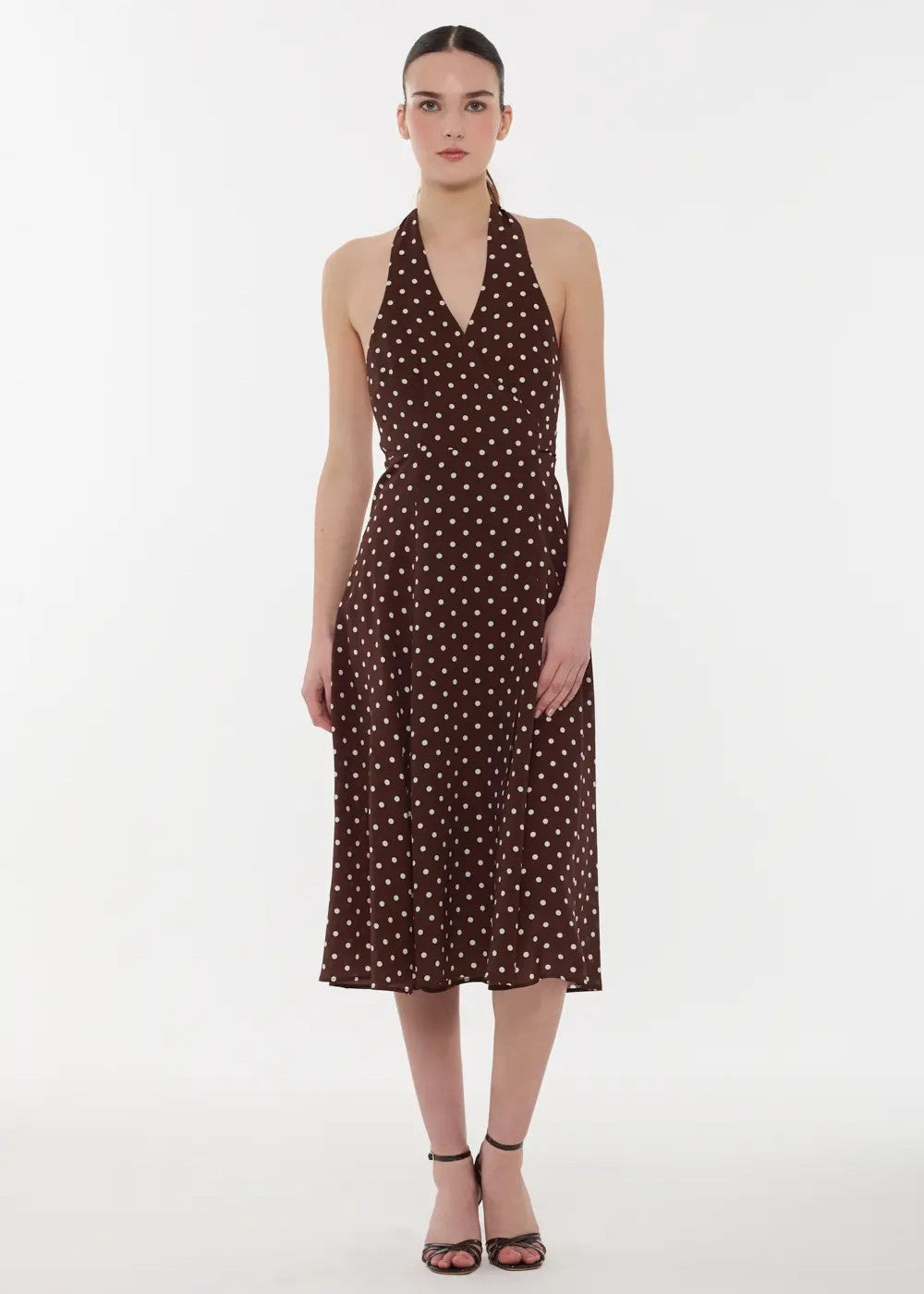Abito midi in seta marrone con pois bianchi