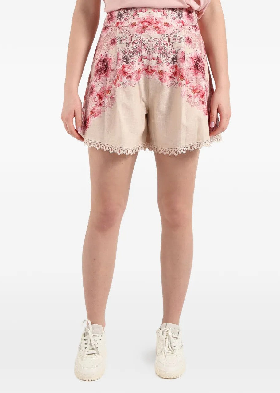 Amosa Short in Misto Lino con Ricami Fucsia