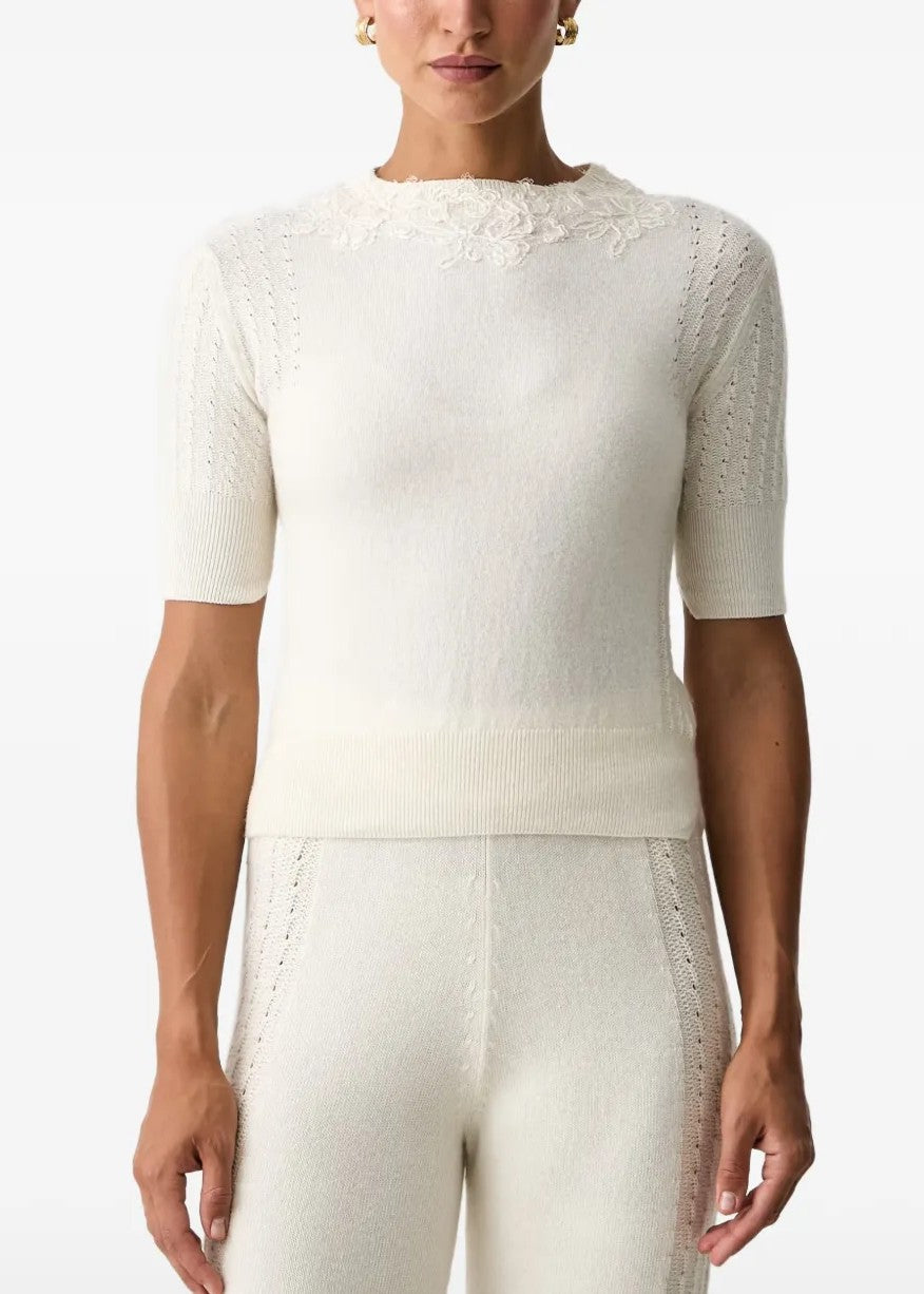 Ermanno Scervino Maglia a Manica Corta con Collo Ricamato Panna