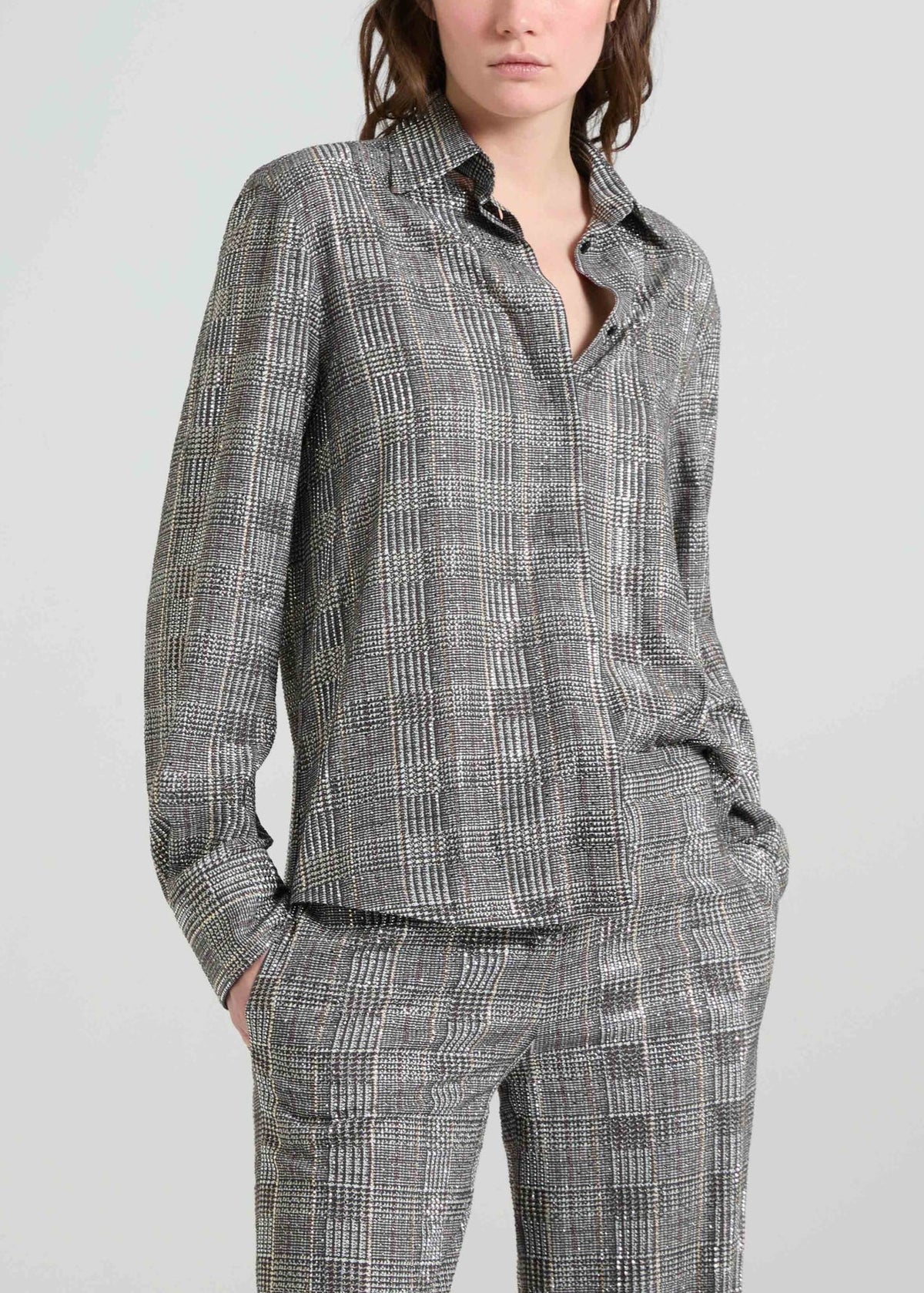 Ermanno Scervino Camicia a Manica Lunga con Strass e Motivo Principe di Galles Grigia