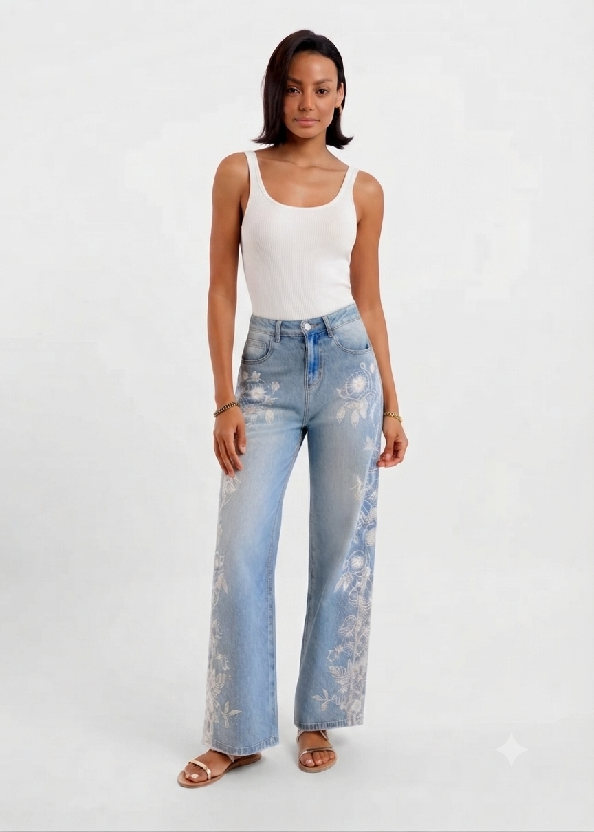 People Jeans Wide Blu con Applicazione Floreale In Pizzo Sul Lato Bianca
