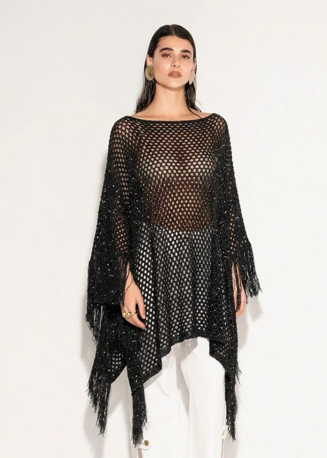 Akep Poncho Nero in punto rete con paillettes