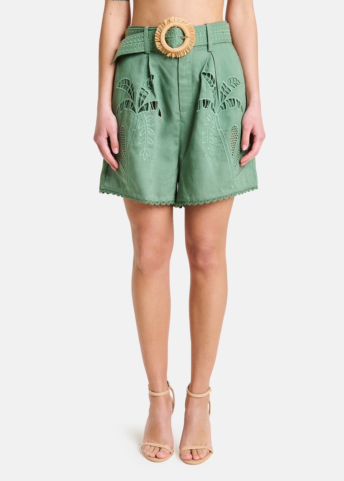 Amosa Short con Ricami e Cintura in Vita Verde Militare