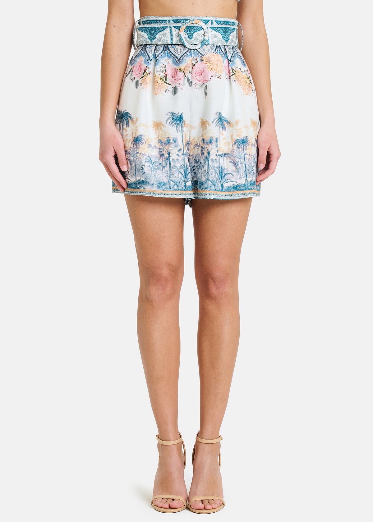 Amosa Short in Misto Lino con Cintura in Vita Stampa Floreale Multicolore