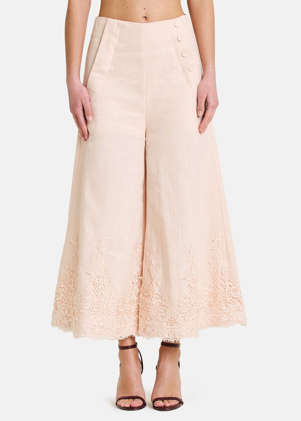 Amosa Pantalone in Misto Lino con Ricami Rosa