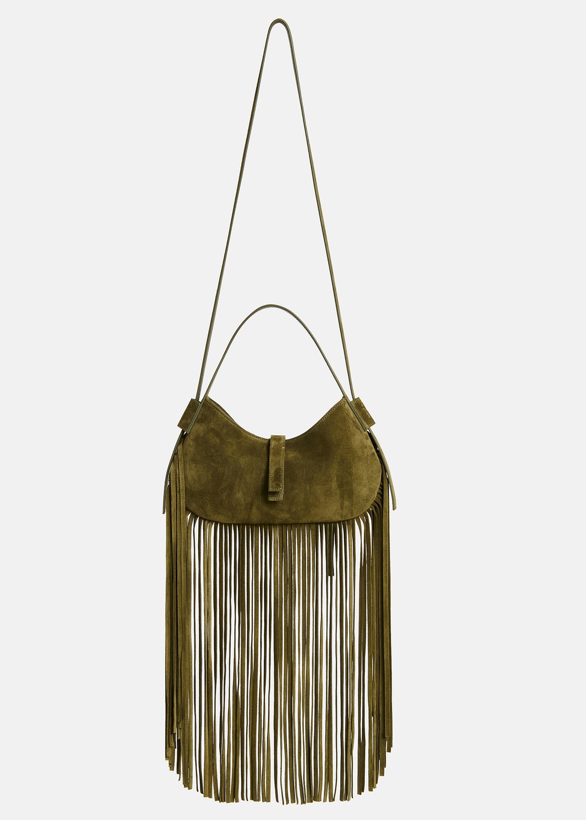 Mini Zaira – Borsa a Spalla Verde Militare in Camoscio con Frange e Tracolla