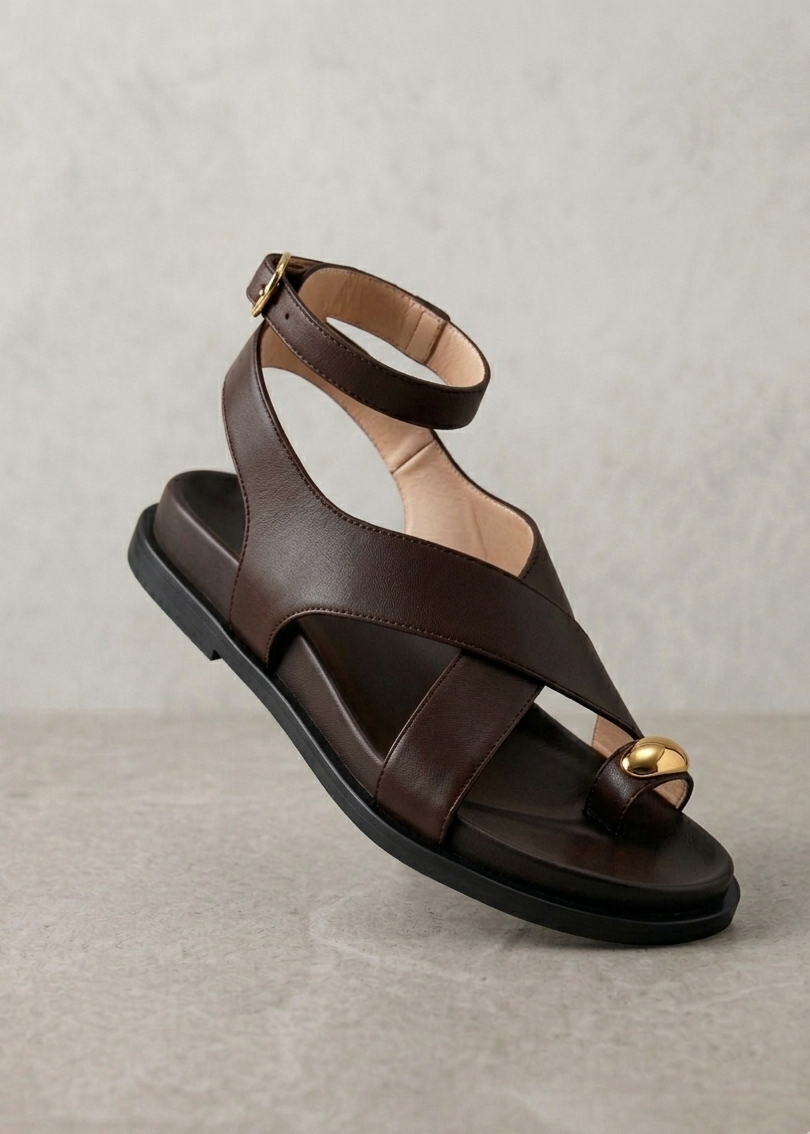 People SandalI in Pelle Marrone con dettaglio Oro