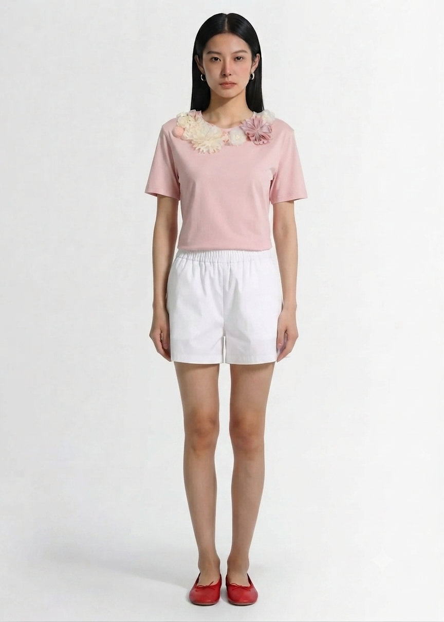 Amosa T-shirt Rosa con Applicazioni Fiori