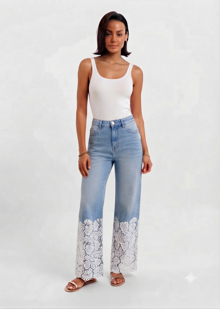 People Jeans Wide Blu con Applicazione in Pizzo Bianco