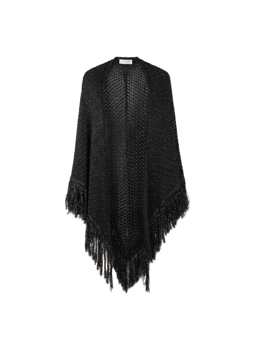 Akep Scialle Lurex Nero Punto ventaglio con frange