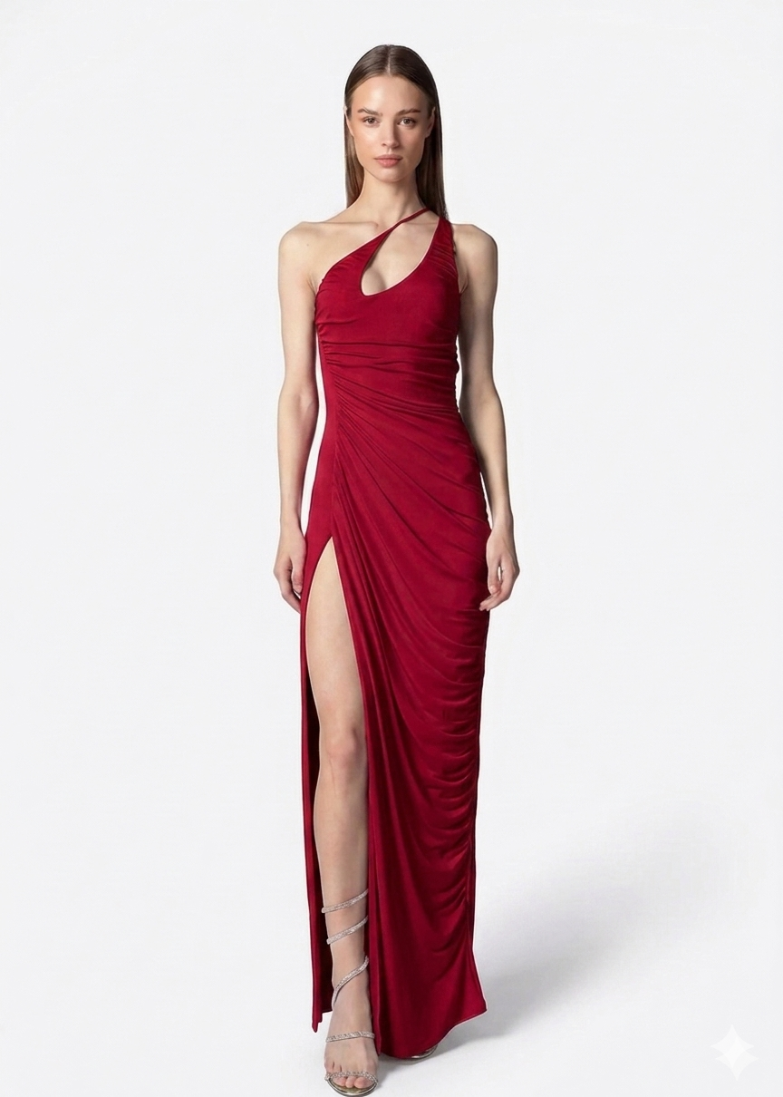 Twenty Four Haitch Abito Lungo con Drappeggio e Spacco Laterale Rosso