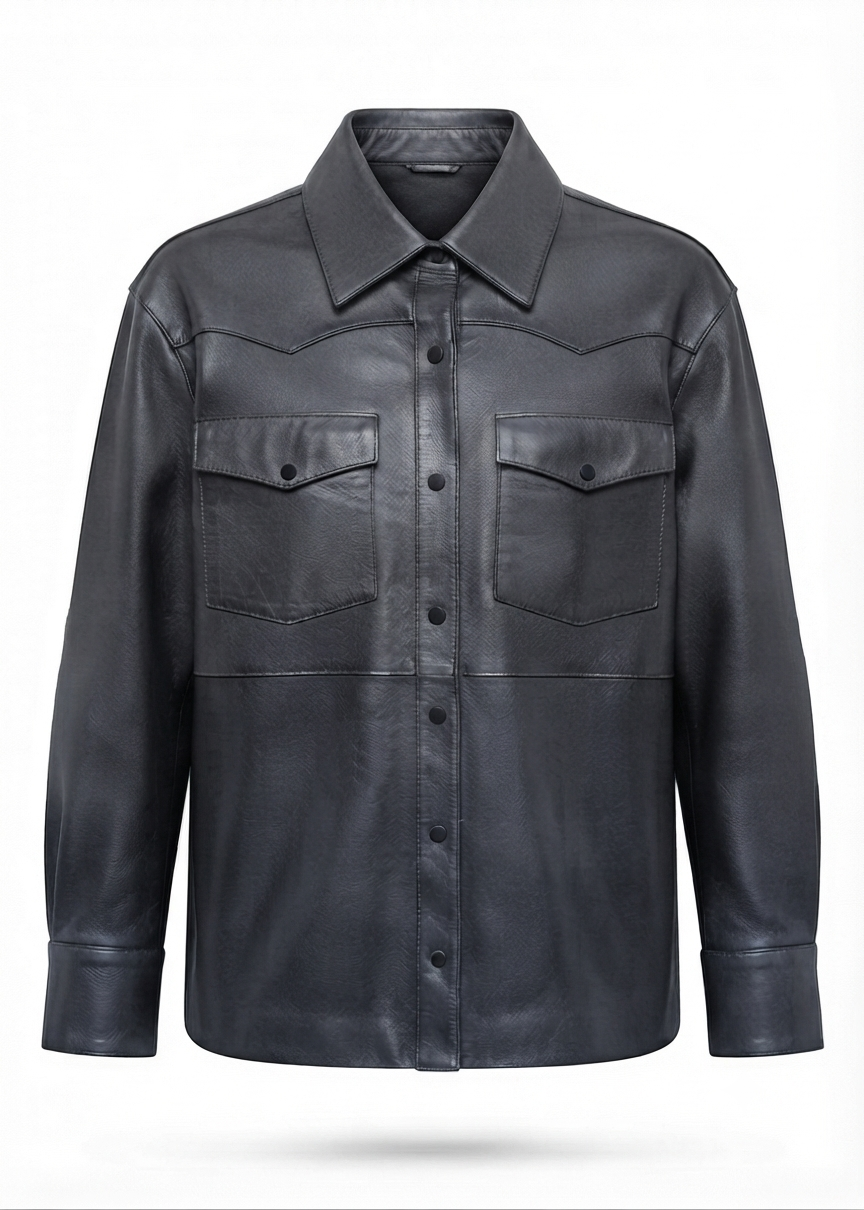 Parosh Giacca-Camicia Maciock in Pelle Manica Lunga Nera Oversize