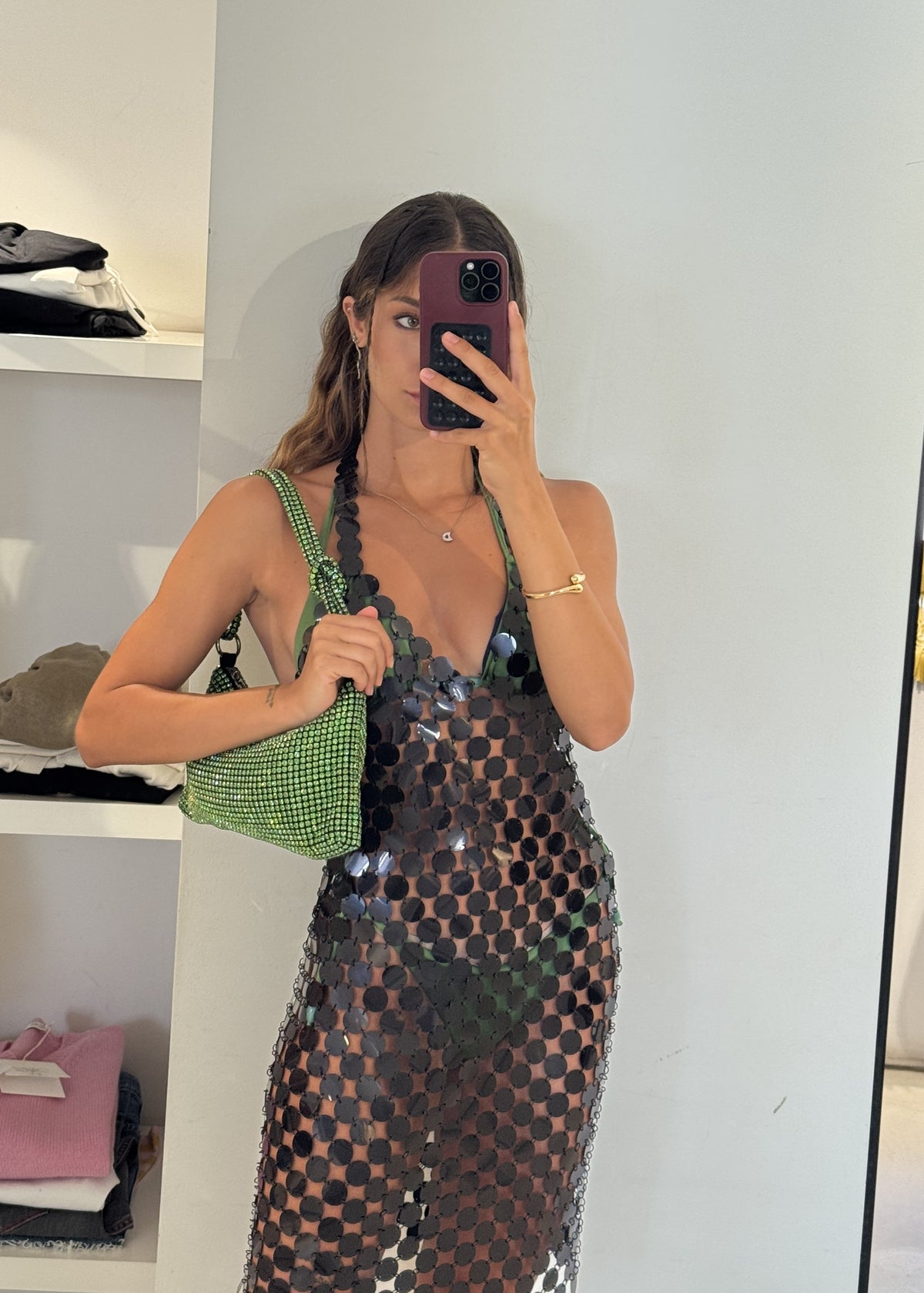 People Abito Midi a Rete in Pailettes con Schiena Scoperta Nero