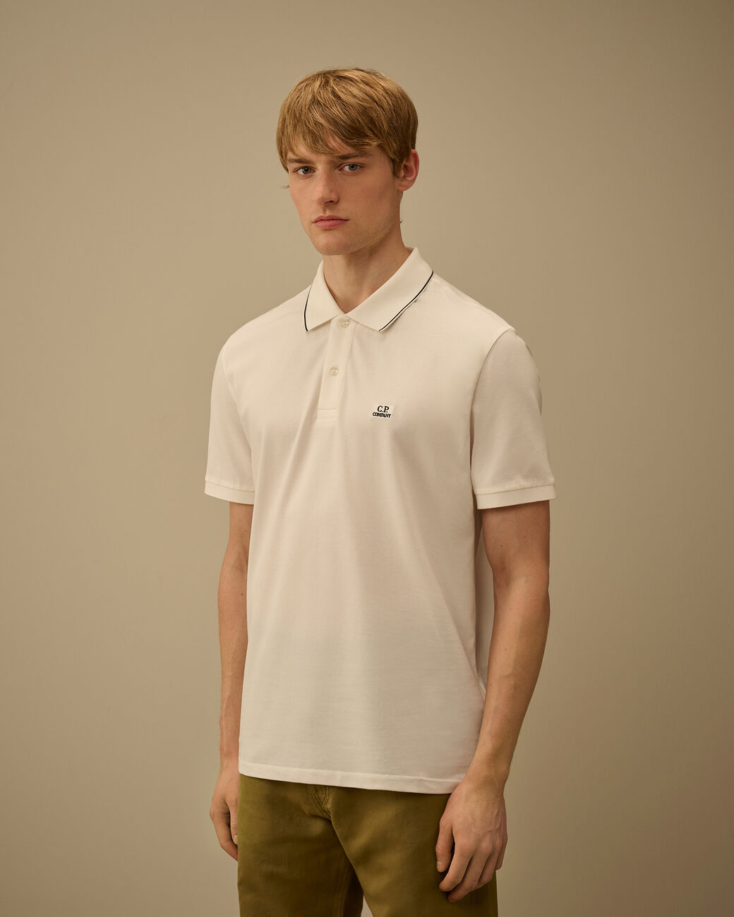 C.P Company Polo Stretch a Maniche Corte con Collo a Contrasto Bianco