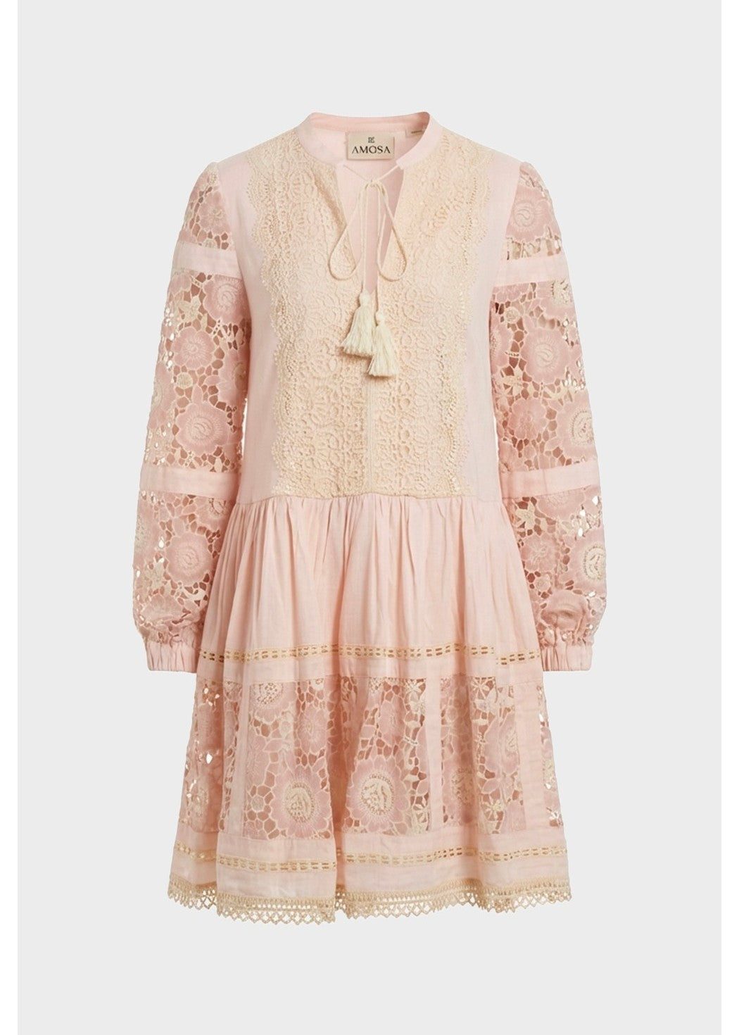 Amosa Abito Mini con Ricami Rosa in Pizzo Sangallo