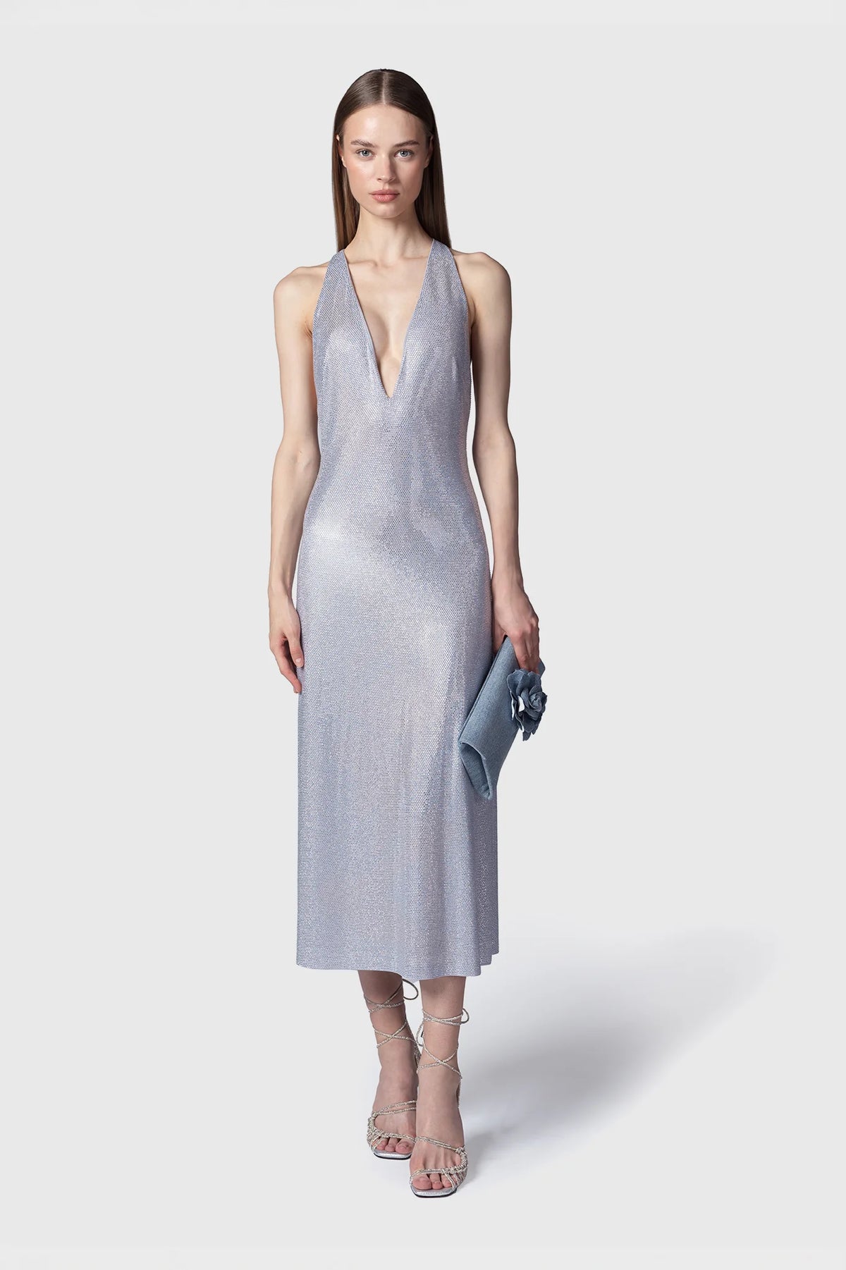 Twenty Four Haitch Abito Midi Catba Argento con Microstrass