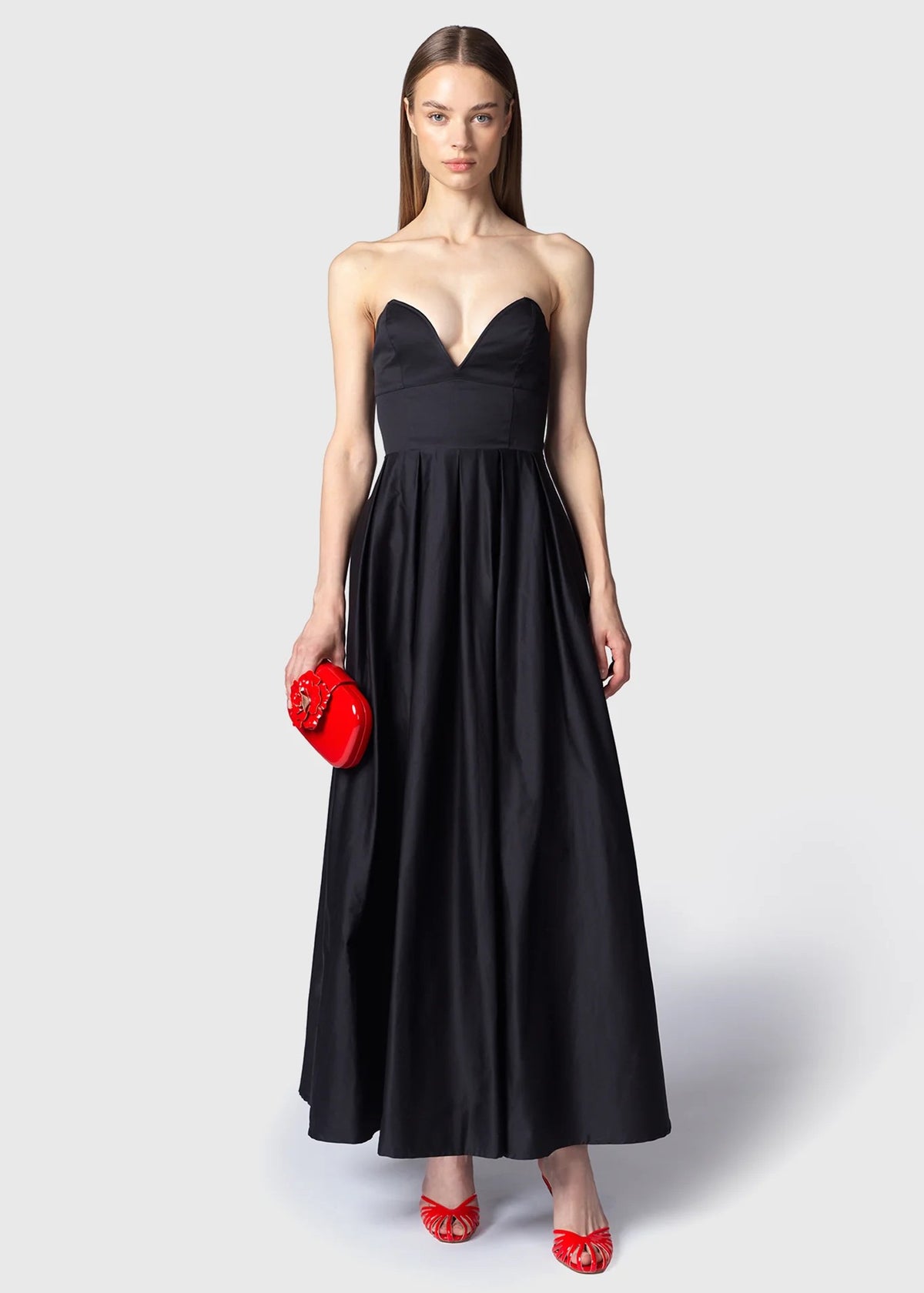 Twenty For Haitch Abito Midi in Cotone con Scollo a Cuore e Gonna a Ruota Nero